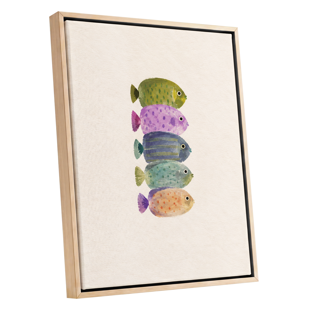 Five Little Swimmers, beige, green, purple nature wall art shown as a oak framed canvas wall art