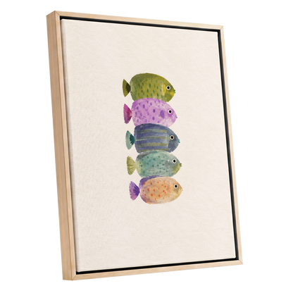 Five Little Swimmers, beige, green, purple nature wall art shown as a oak framed canvas wall art