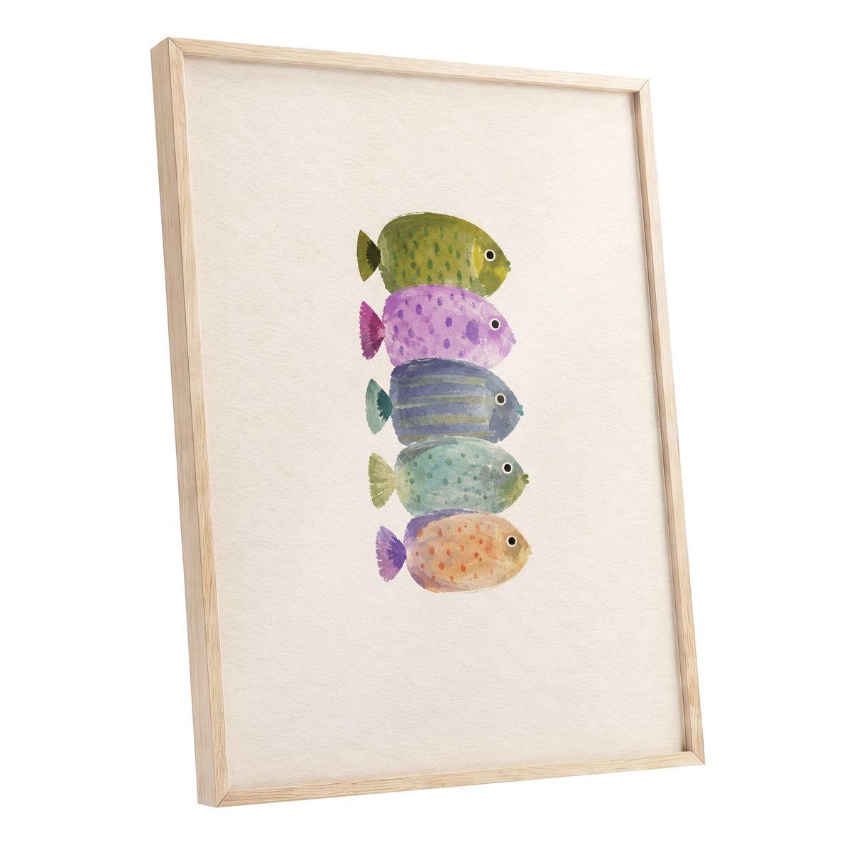 Five Little Swimmers, beige, green, purple nature wall art shown as a oak framed poster wall art print