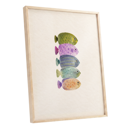 Five Little Swimmers, beige, green, purple nature wall art shown as a oak framed poster wall art print