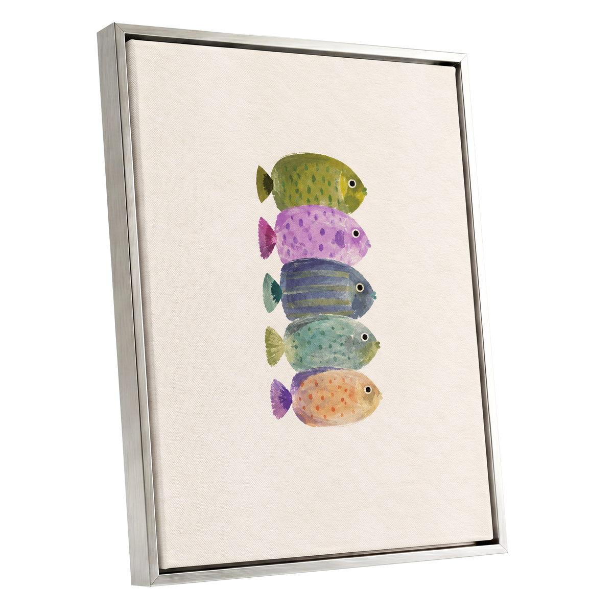 Five Little Swimmers, beige, green, purple nature wall art shown as a silver framed canvas wall art