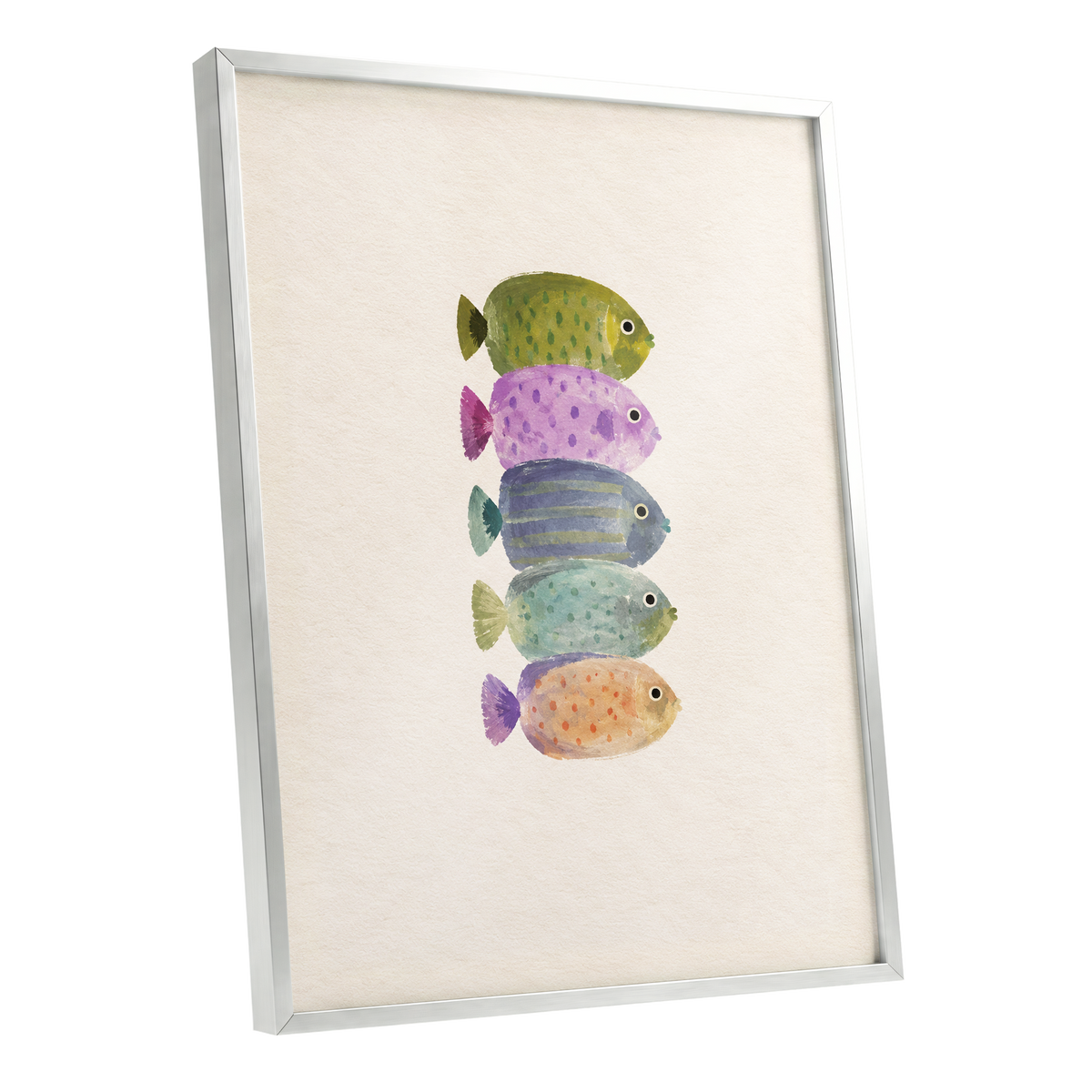Five Little Swimmers, beige, green, purple nature wall art shown as a silver framed poster wall art print