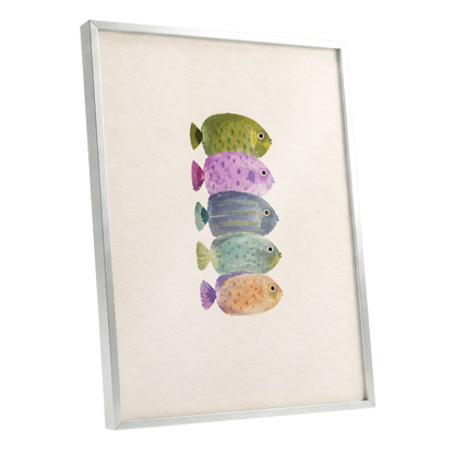 Five Little Swimmers, beige, green, purple nature wall art shown as a silver framed poster wall art print