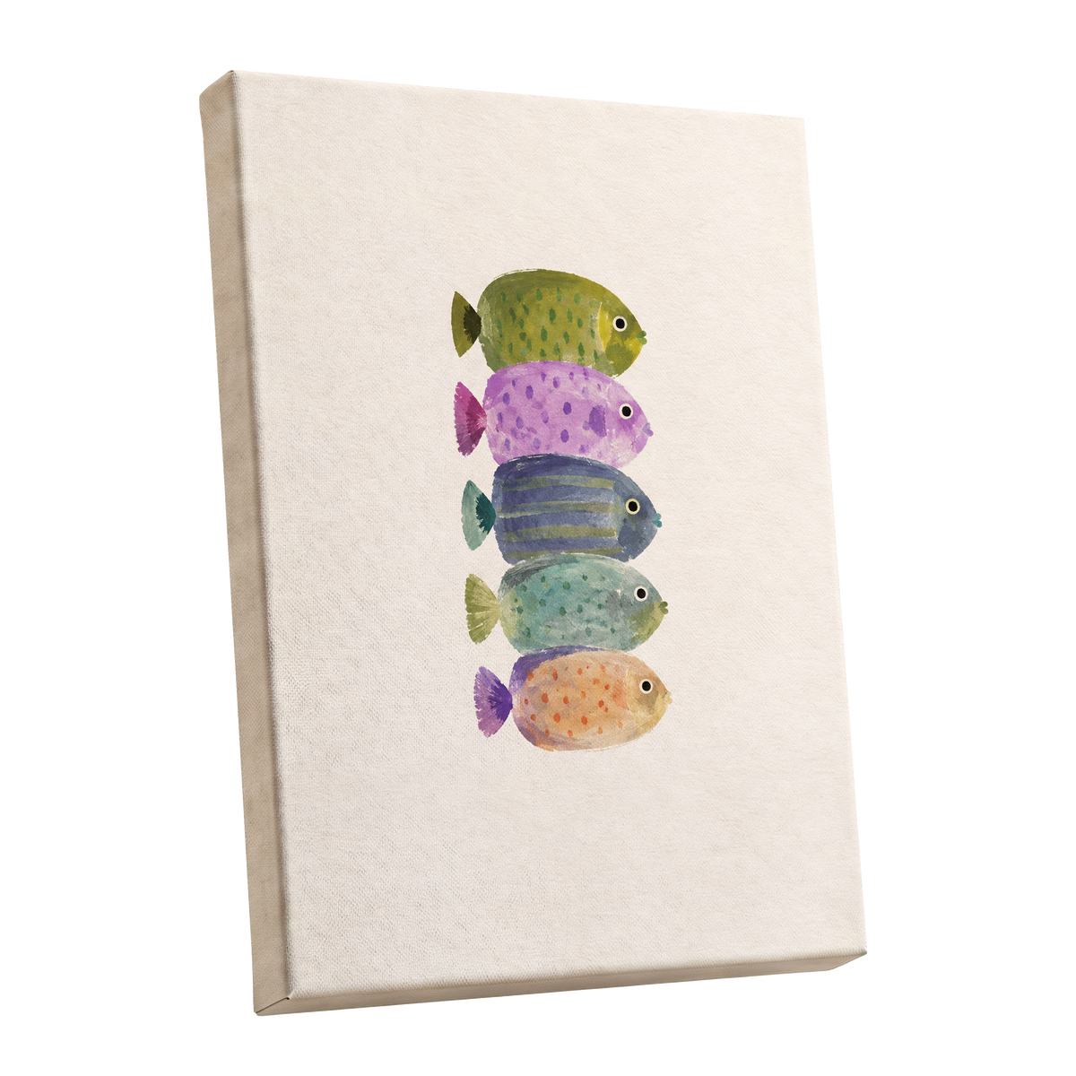 Five Little Swimmers, beige, green, purple nature wall art shown as a stretched canvas wall art