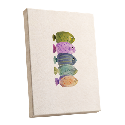 Five Little Swimmers, beige, green, purple nature wall art shown as a stretched canvas wall art