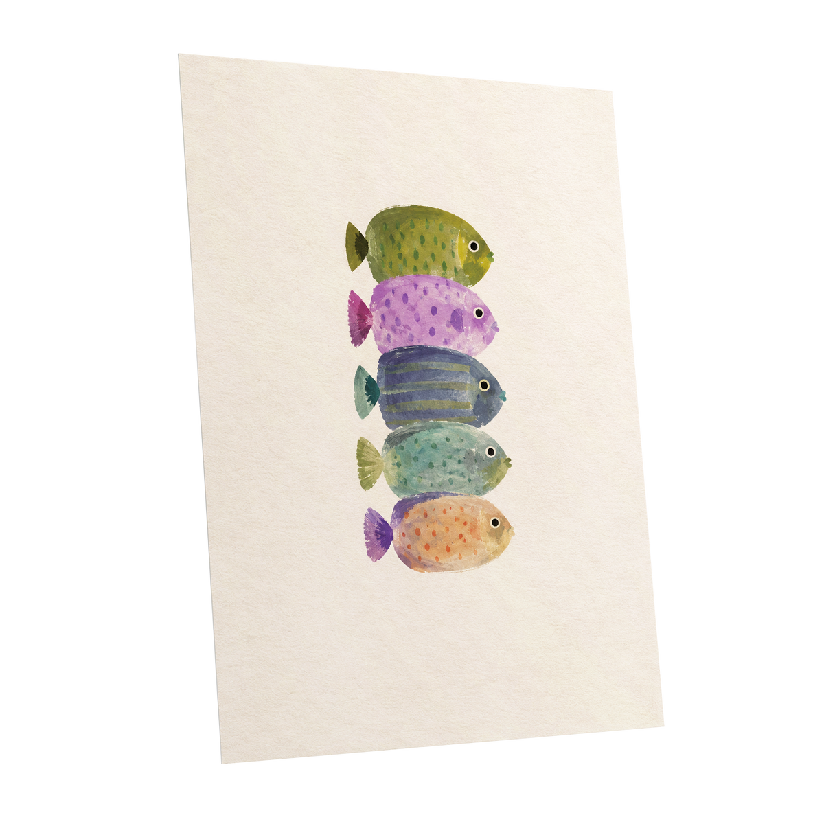 Five Little Swimmers, beige, green, purple nature wall art shown as a unframed poster wall art print