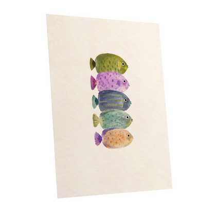 Five Little Swimmers, beige, green, purple nature wall art shown as a unframed poster wall art print