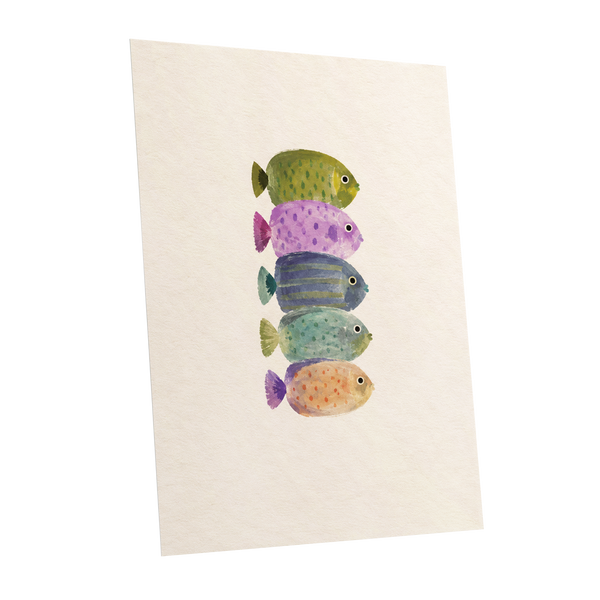 Five Little Swimmers, beige, green, purple nature wall art shown as a unframed poster wall art print