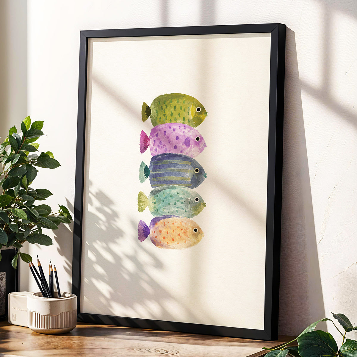 Five Little Swimmers, beige, green, purple nature wall art displayed in a styled interior, gallery view 2