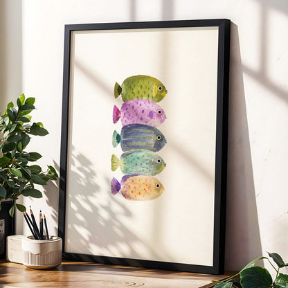 Five Little Swimmers, beige, green, purple nature wall art displayed in a styled interior, gallery view 2