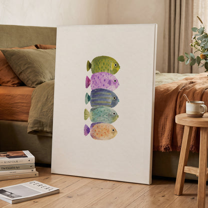 Five Little Swimmers, beige, green, purple nature wall art displayed in a styled interior, gallery view 3