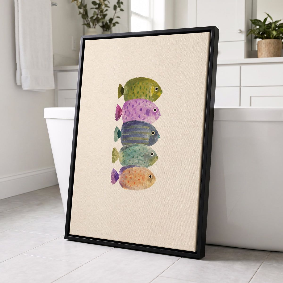 Five Little Swimmers, beige, green, purple nature wall art displayed in a styled interior, gallery view 4