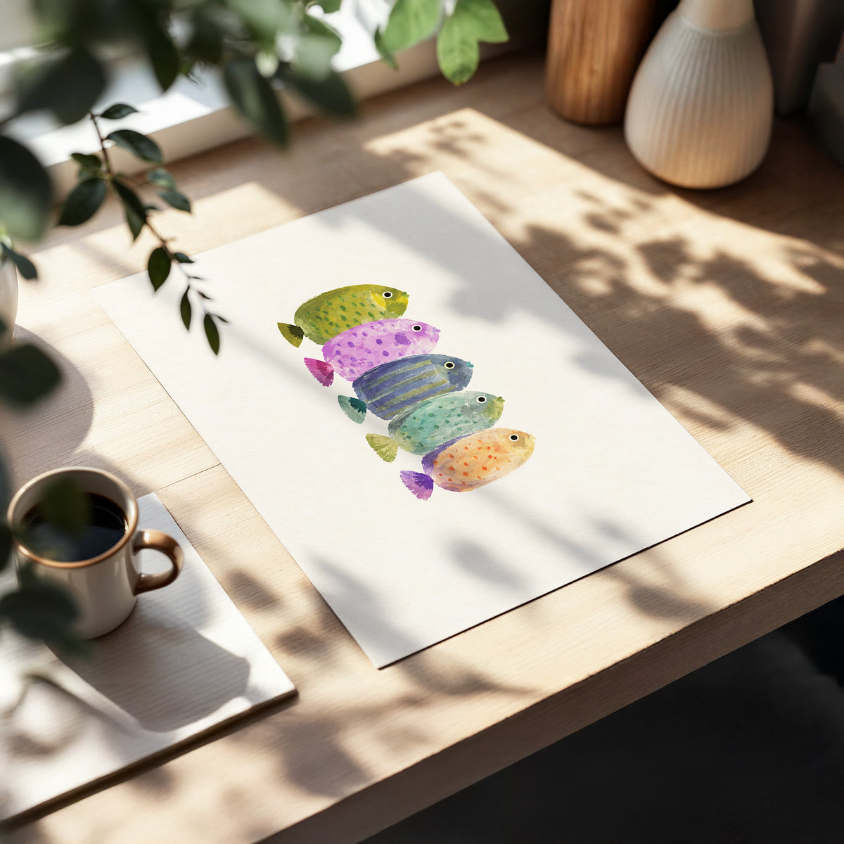 Five Little Swimmers, beige, green, purple nature wall art displayed in a styled interior, gallery view 5
