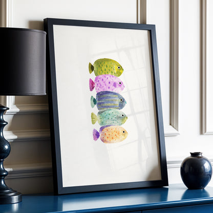 Five Little Swimmers, beige, green, purple nature wall art displayed in a styled interior, gallery view 6