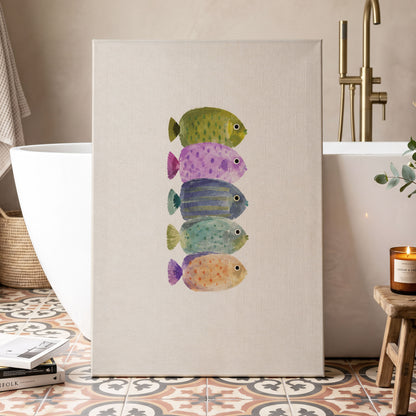 Five Little Swimmers, beige, green, purple nature wall art displayed in a styled interior, gallery view 7