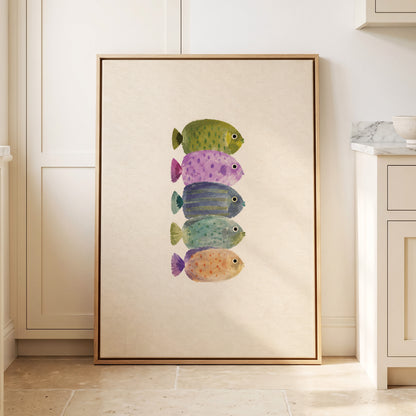 Five Little Swimmers, beige, green, purple nature wall art displayed in a styled interior, gallery view 8