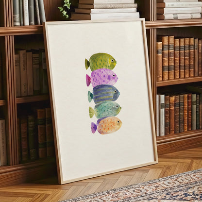 Five Little Swimmers, beige, green, purple nature wall art displayed in a styled interior, gallery view 9