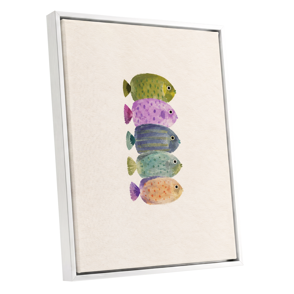 Five Little Swimmers, beige, green, purple nature wall art shown as a white framed canvas wall art