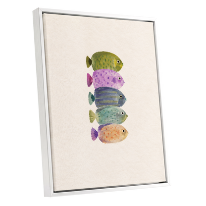 Five Little Swimmers, beige, green, purple nature wall art shown as a white framed canvas wall art