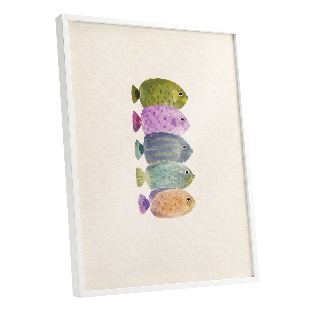 Five Little Swimmers, beige, green, purple nature wall art shown as a white framed poster wall art print