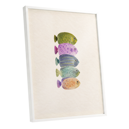Five Little Swimmers, beige, green, purple nature wall art shown as a white framed poster wall art print
