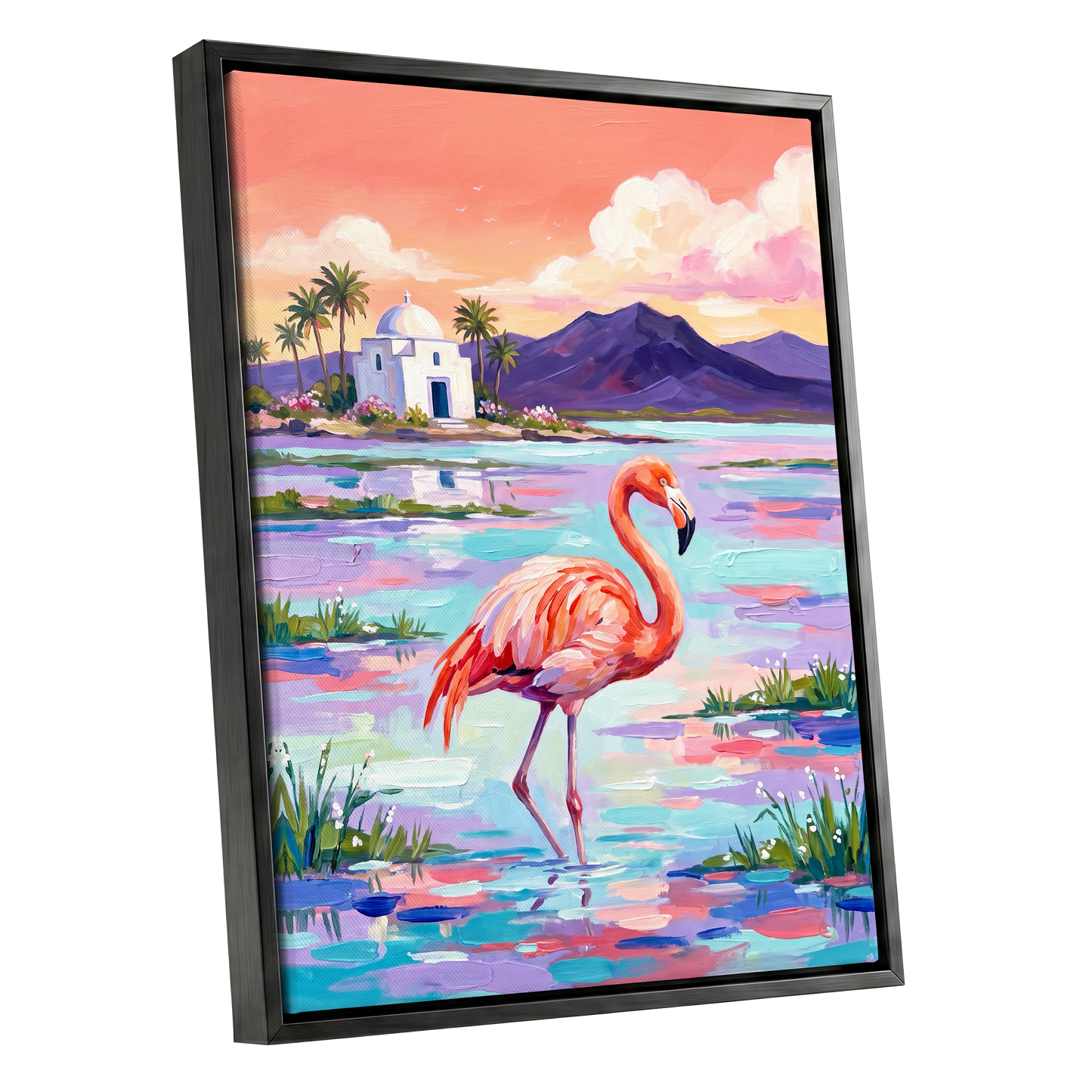 Flamingo Lagoon, pink, blue, purple nature wall art shown as a black framed canvas wall art