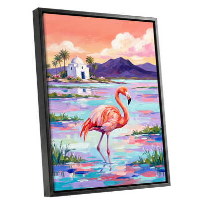 Flamingo Lagoon, pink, blue, purple nature wall art shown as a black framed canvas wall art