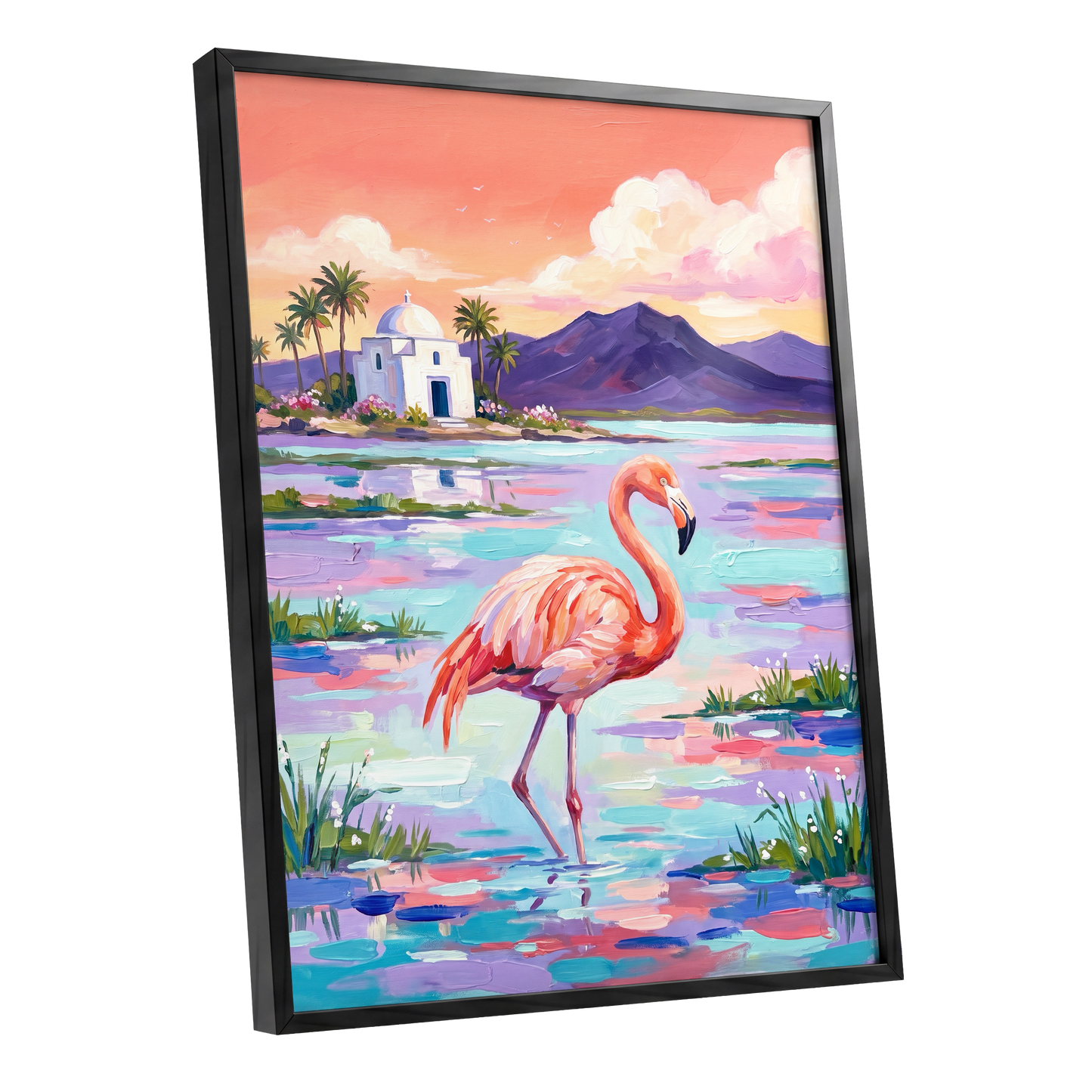 Flamingo Lagoon, pink, blue, purple nature wall art shown as a black framed poster wall art print