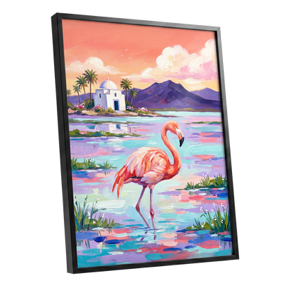 Flamingo Lagoon, pink, blue, purple nature wall art shown as a black framed poster wall art print