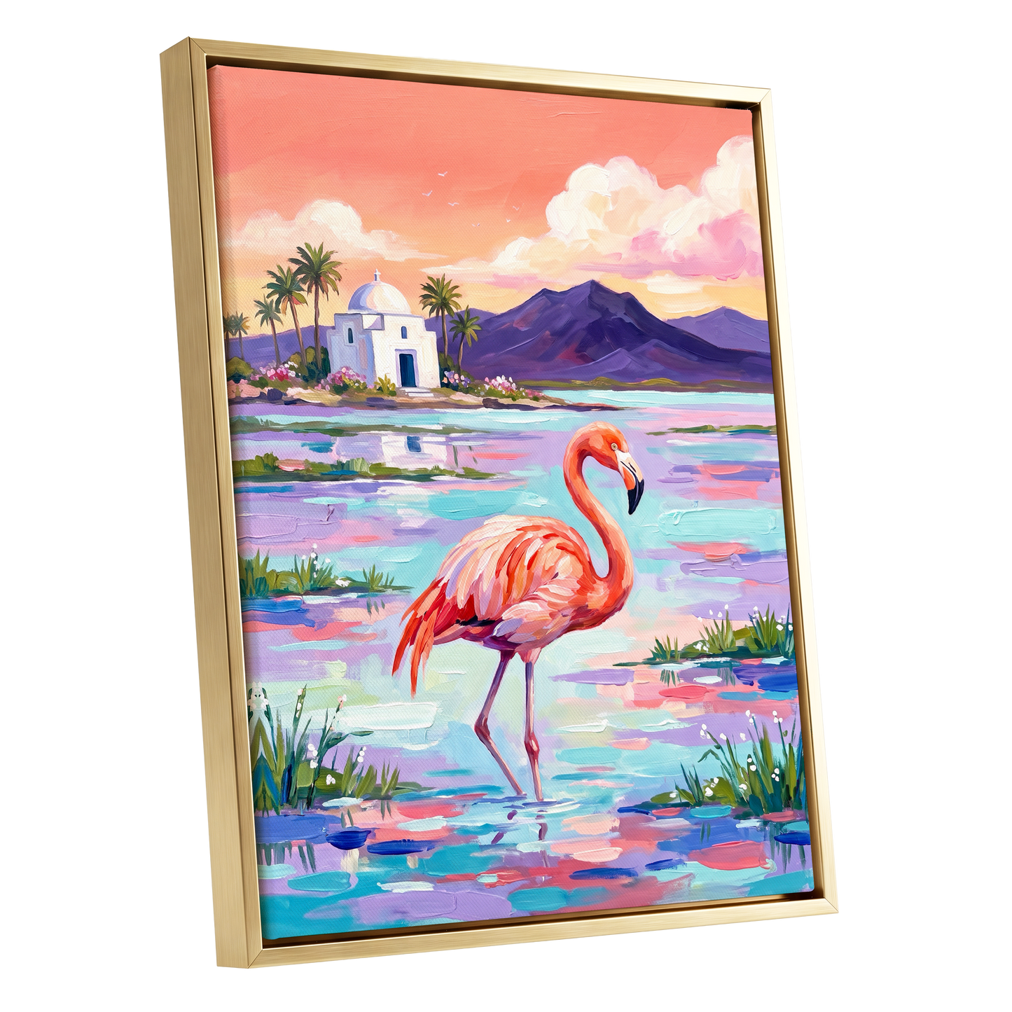 Flamingo Lagoon, pink, blue, purple nature wall art shown as a gold framed canvas wall art
