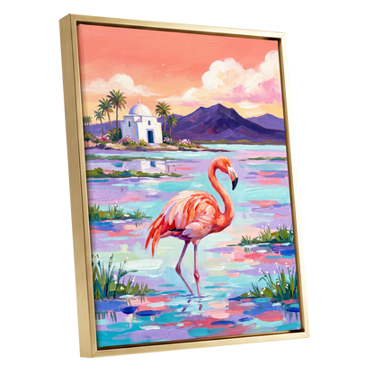 Flamingo Lagoon, pink, blue, purple nature wall art shown as a gold framed canvas wall art