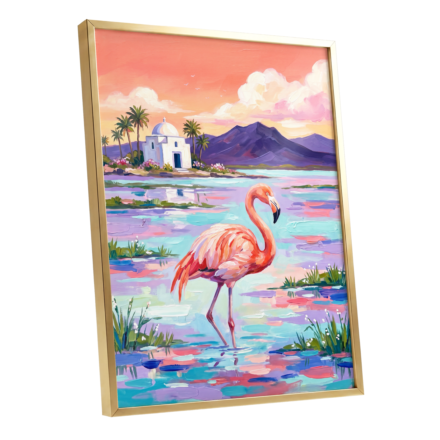 Flamingo Lagoon, pink, blue, purple nature wall art shown as a gold framed poster wall art print