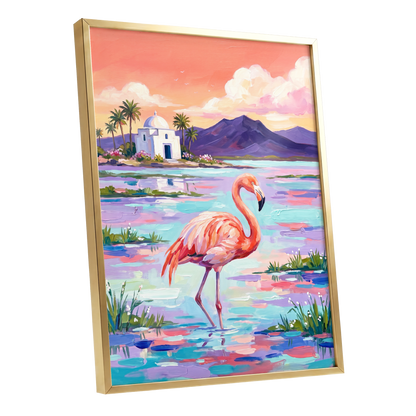 Flamingo Lagoon, pink, blue, purple nature wall art shown as a gold framed poster wall art print
