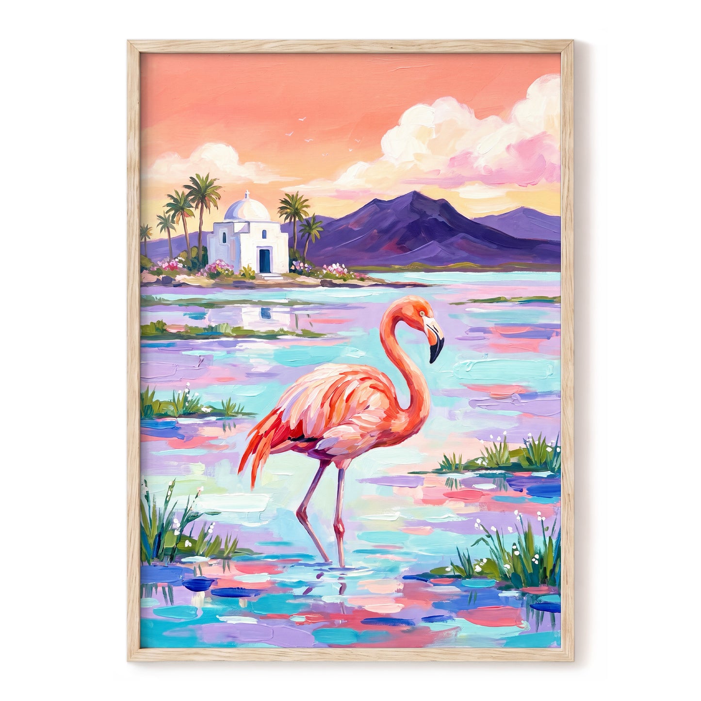 Flamingo Lagoon, pink, blue, purple nature wall art, front artwork view