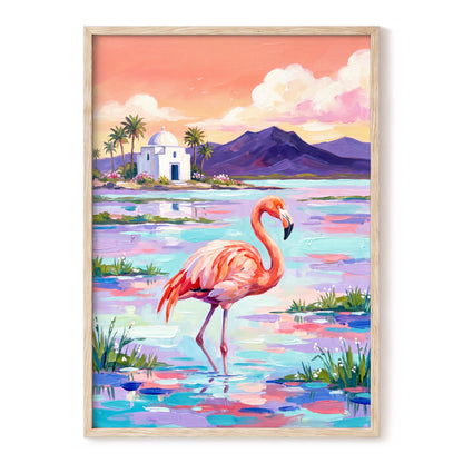 Flamingo Lagoon, pink, blue, purple nature wall art, front artwork view
