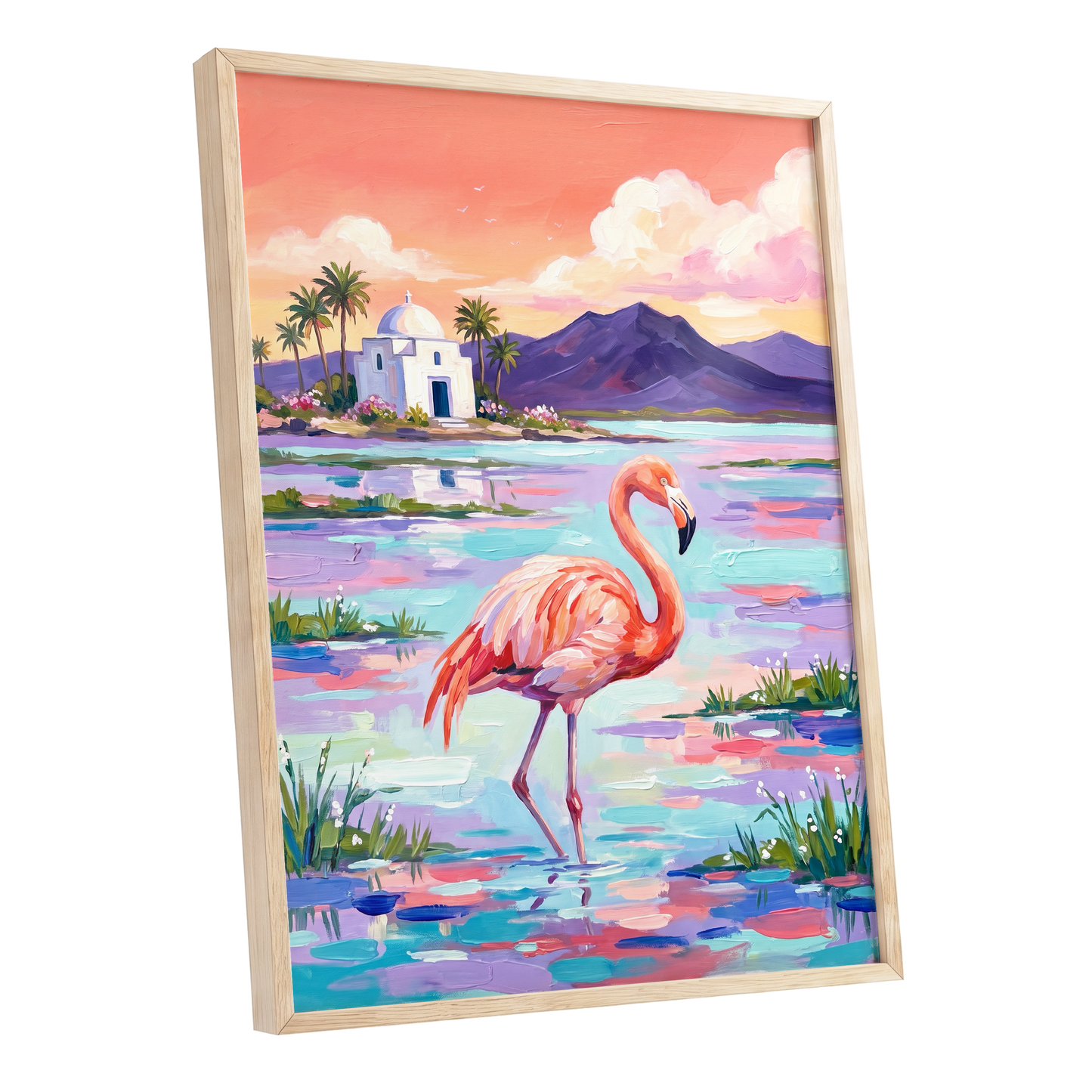 Flamingo Lagoon, pink, blue, purple nature wall art shown as a oak framed poster wall art print