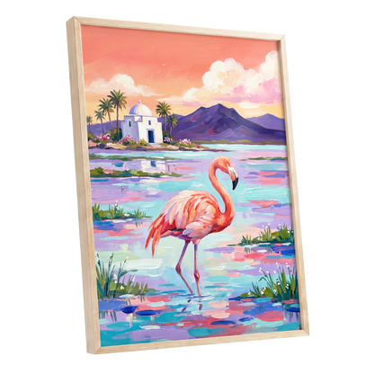 Flamingo Lagoon, pink, blue, purple nature wall art shown as a oak framed poster wall art print