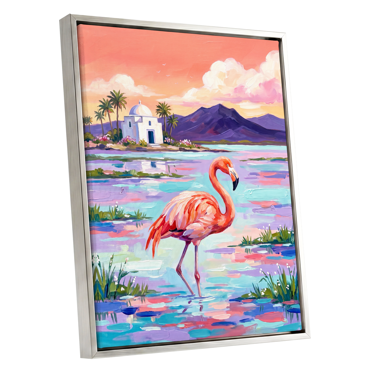 Flamingo Lagoon, pink, blue, purple nature wall art shown as a silver framed canvas wall art