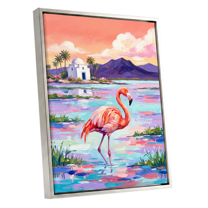 Flamingo Lagoon, pink, blue, purple nature wall art shown as a silver framed canvas wall art