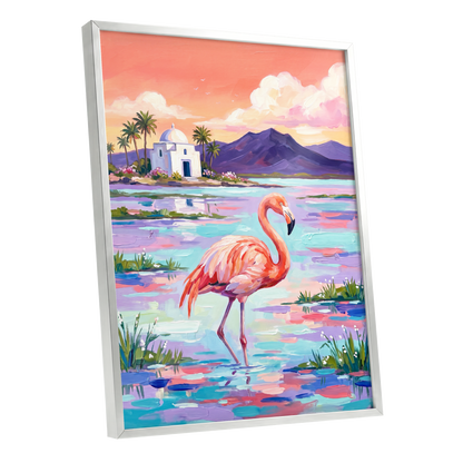 Flamingo Lagoon, pink, blue, purple nature wall art shown as a silver framed poster wall art print