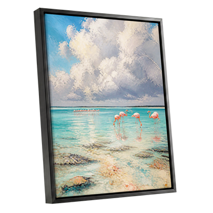 Flamingo Lagoon Skies, blue, white, pink nature wall art shown as a black framed canvas wall art