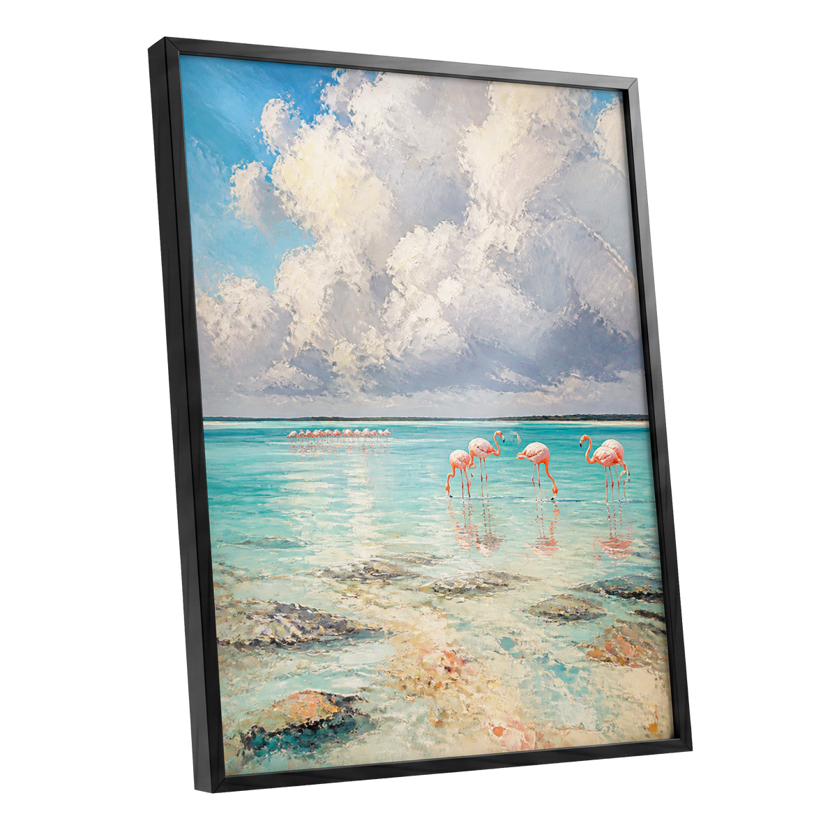 Flamingo Lagoon Skies, blue, white, pink nature wall art shown as a black framed poster wall art print