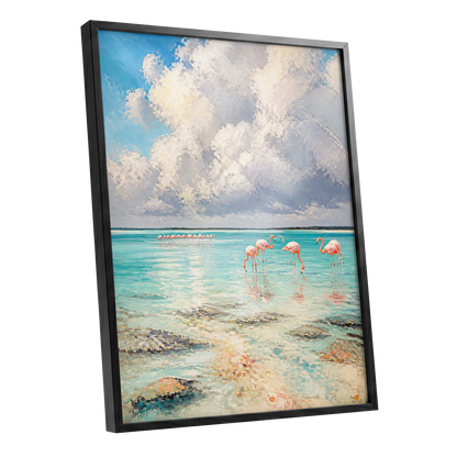 Flamingo Lagoon Skies, blue, white, pink nature wall art shown as a black framed poster wall art print