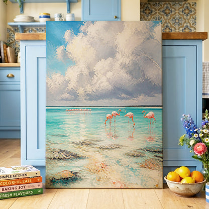 Flamingo Lagoon Skies, blue, white, pink nature wall art on canvas displayed in a styled interior, gallery view 1