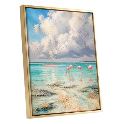 Flamingo Lagoon Skies, blue, white, pink nature wall art shown as a gold framed canvas wall art