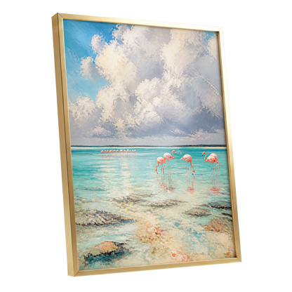 Flamingo Lagoon Skies, blue, white, pink nature wall art shown as a gold framed poster wall art print