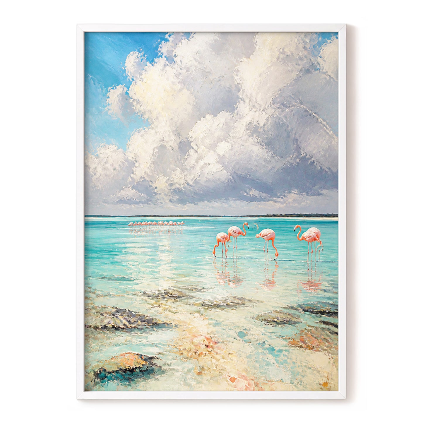 Flamingo Lagoon Skies, blue, white, pink nature wall art, front artwork view