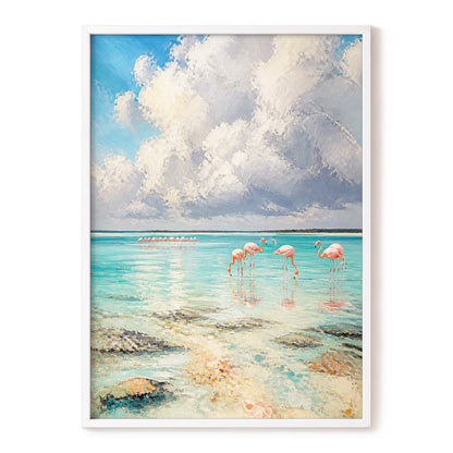 Flamingo Lagoon Skies, blue, white, pink nature wall art, front artwork view