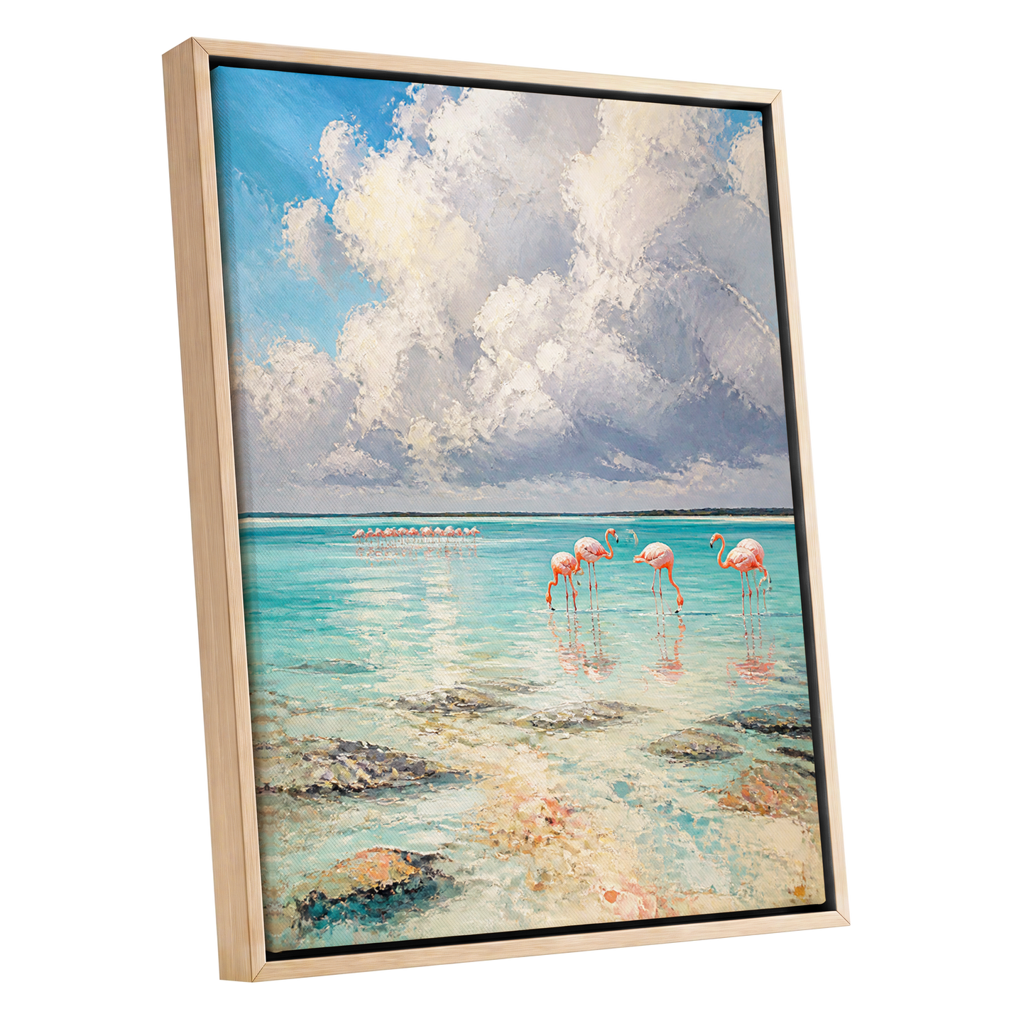 Flamingo Lagoon Skies, blue, white, pink nature wall art shown as a oak framed canvas wall art
