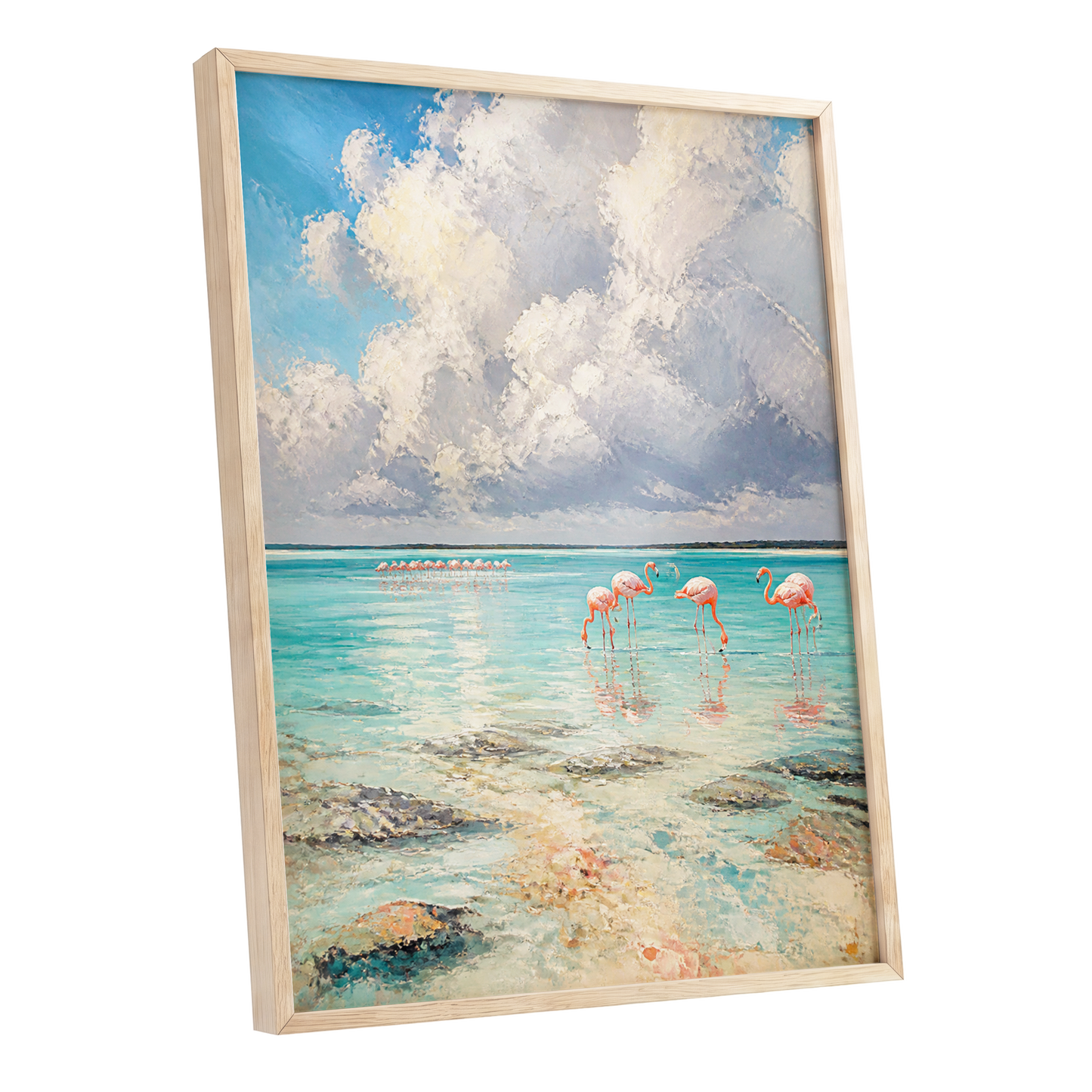 Flamingo Lagoon Skies, blue, white, pink nature wall art shown as a oak framed poster wall art print